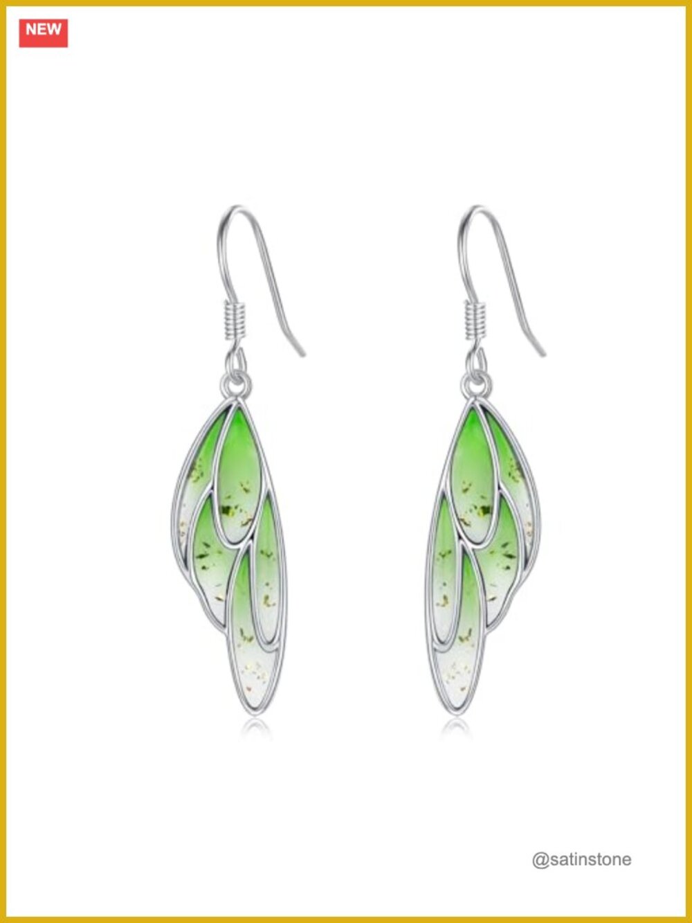 Sterling Silver Wing Dangle Earrings Green Ombre Gold Flecks